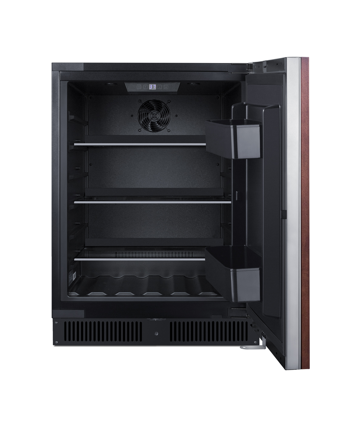 Built-in undercounter ADA compliant all-refrigerator with panel-ready door, black cabinet, door storage, and digital controls